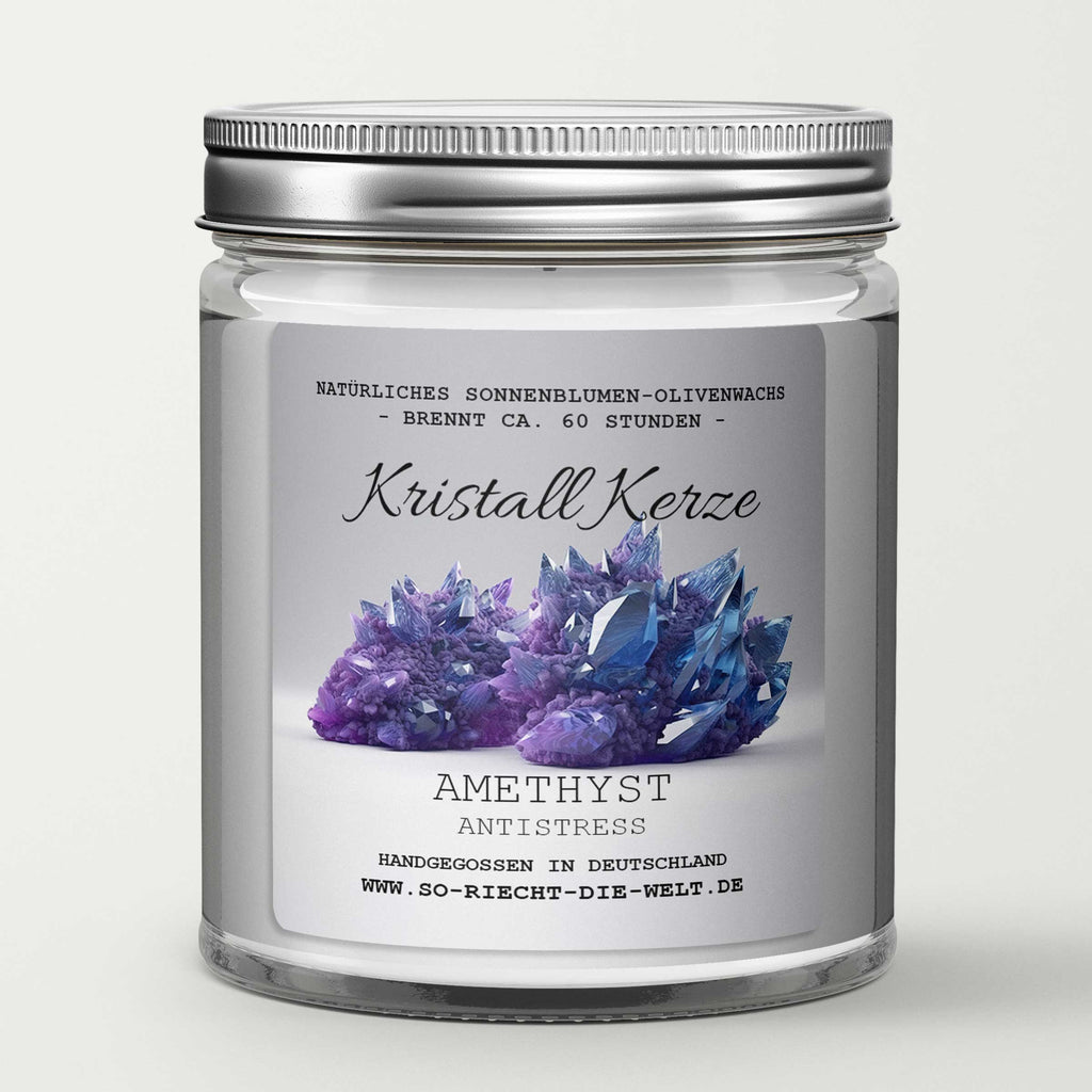ANTISTRESS - Amethyst Kristall Duftkerze - Wasserjasmin | Meersalzrose | Ozon - Heilende Kerze, Edelsteine, Reiki, Kristall, Stein, Heilung, Reinigung, Meditation