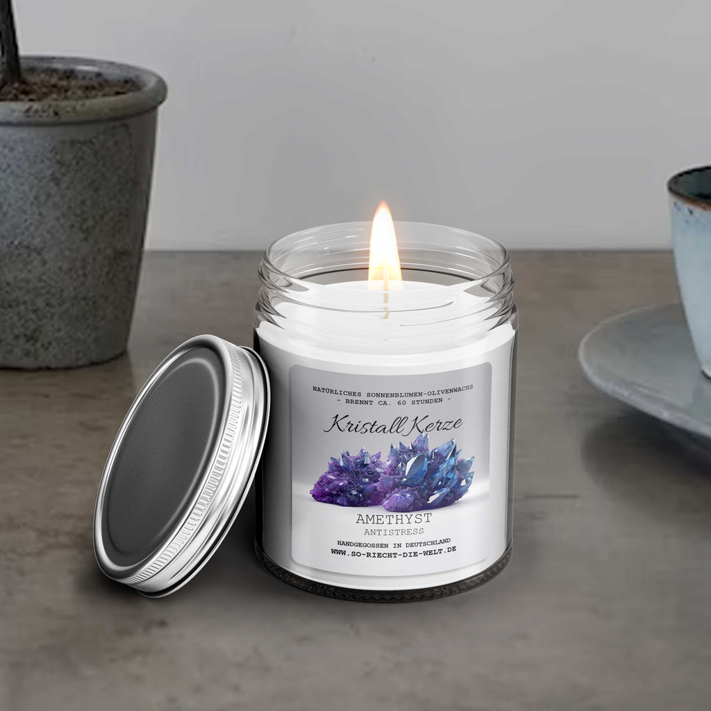 ANTISTRESS - Amethyst Kristall Duftkerze - Wasserjasmin | Meersalzrose | Ozon - Heilende Kerze, Edelsteine, Reiki, Kristall, Stein, Heilung, Reinigung, Meditation