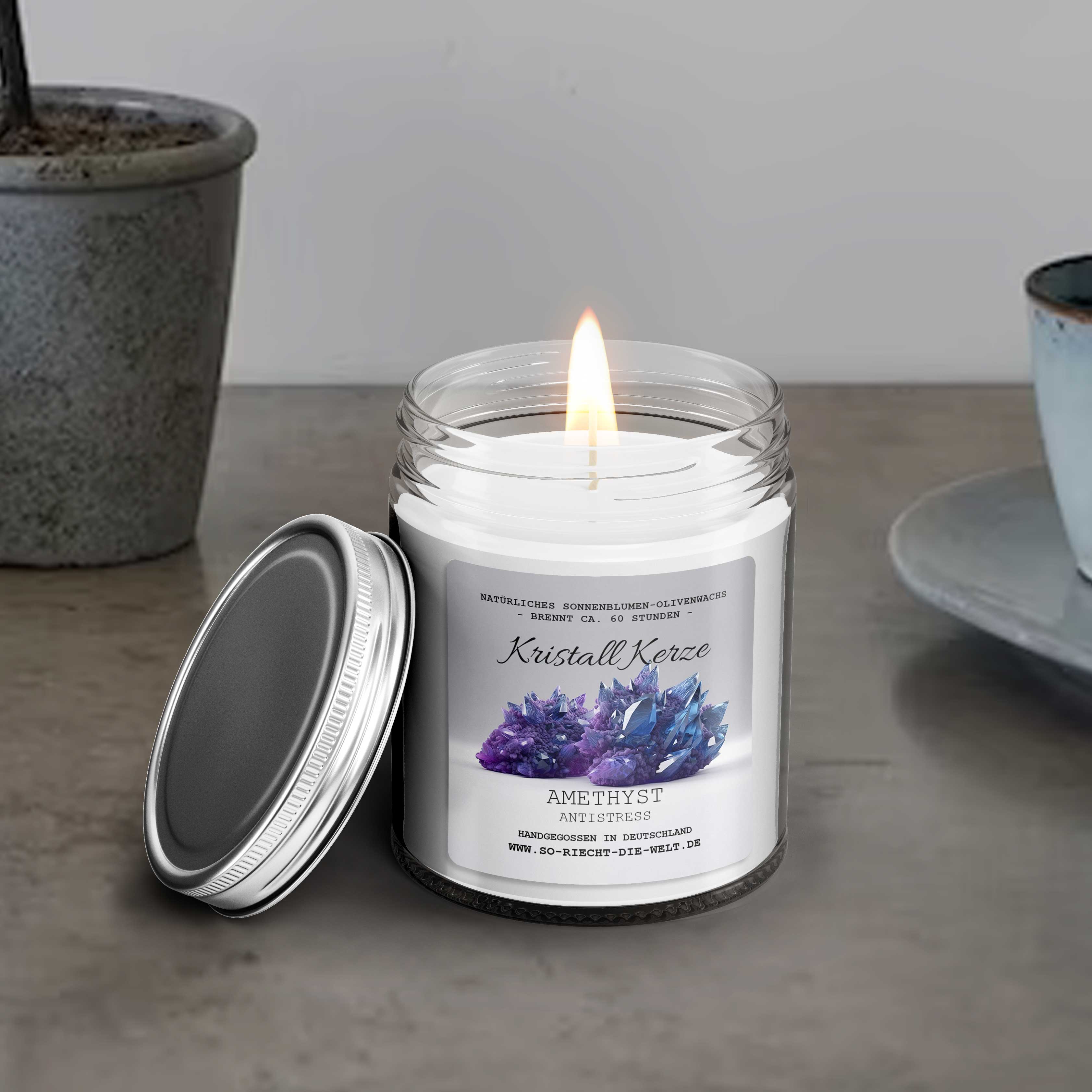 ANTISTRESS - Amethyst Kristall Duftkerze - Wasserjasmin | Meersalzrose | Ozon - Heilende Kerze, Edelsteine, Reiki, Kristall, Stein, Heilung, Reinigung, Meditation