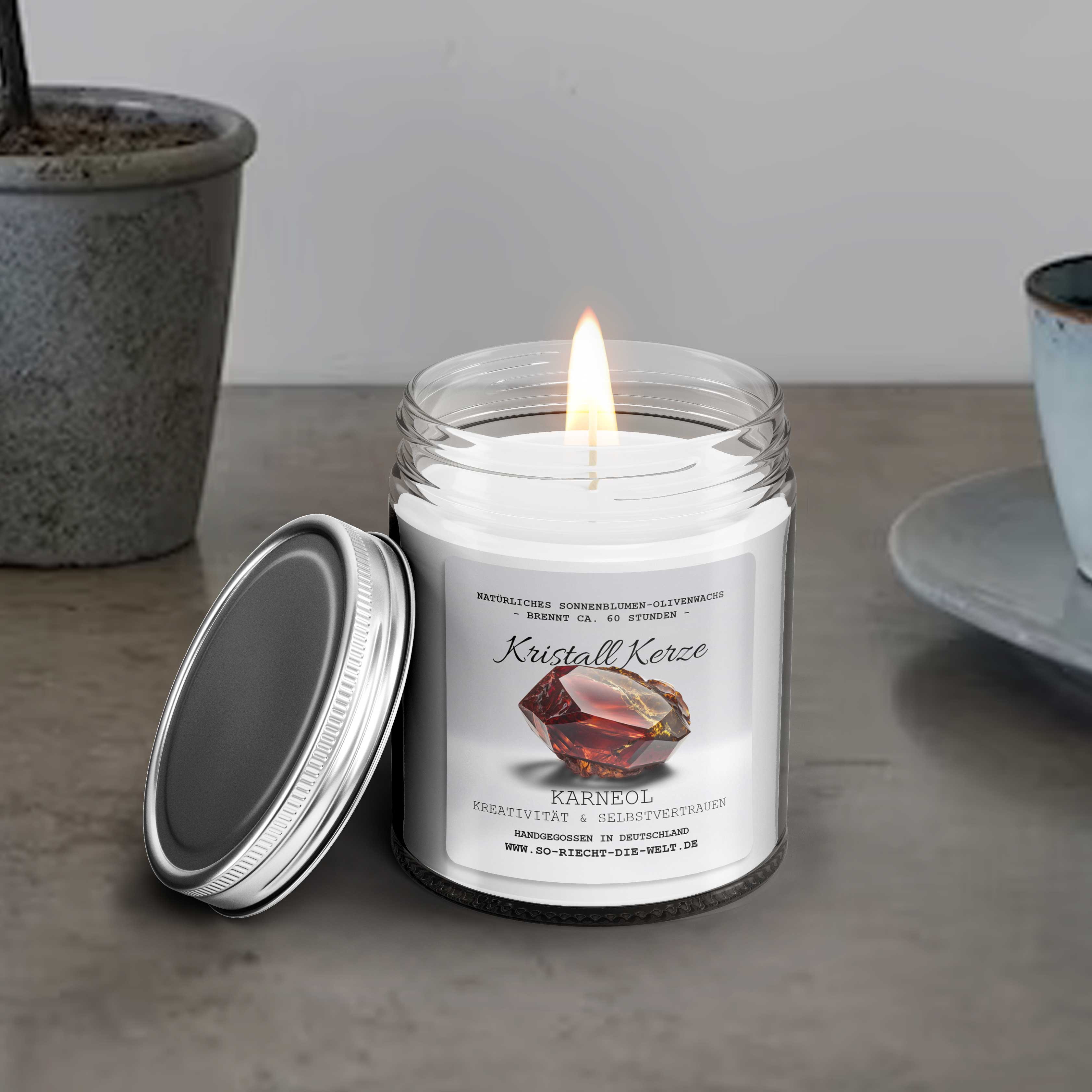 KREATIVITÄT & SELBSTVERTRAUEN - Karneol Kristall Duftkerze - Bergamotte | Kaschmir - Heilende Kerze, Edelsteine, Reiki, Kristall, Stein, Heilung, Reinigung, Meditation, Geschenk