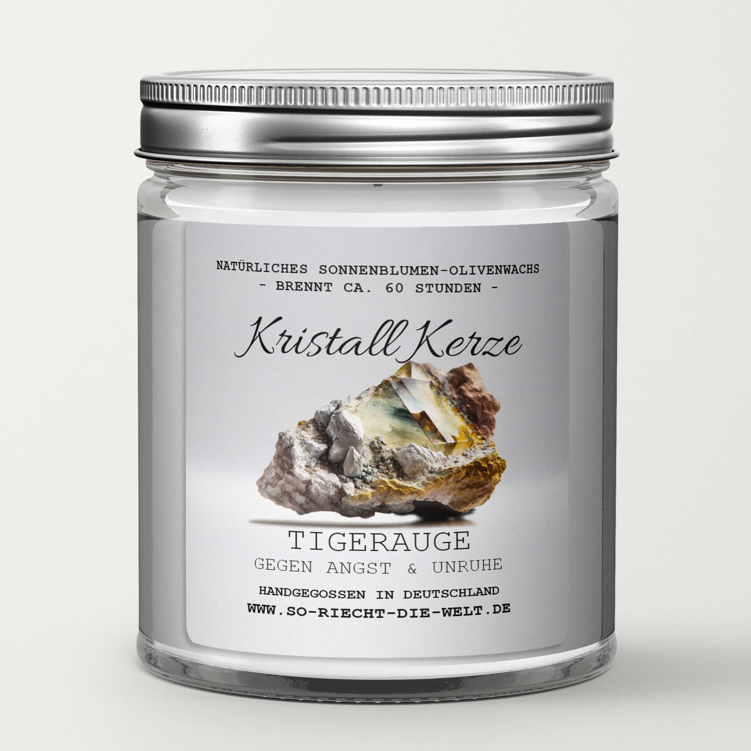 GEGEN ANGST & UNRUHE - Tigerauge Kristall Duftkerze - Amber | Vanille - Heilende Kerze, Edelsteine, Reiki, Kristall, Stein, Heilung, Reinigung, Meditation, Geschenk