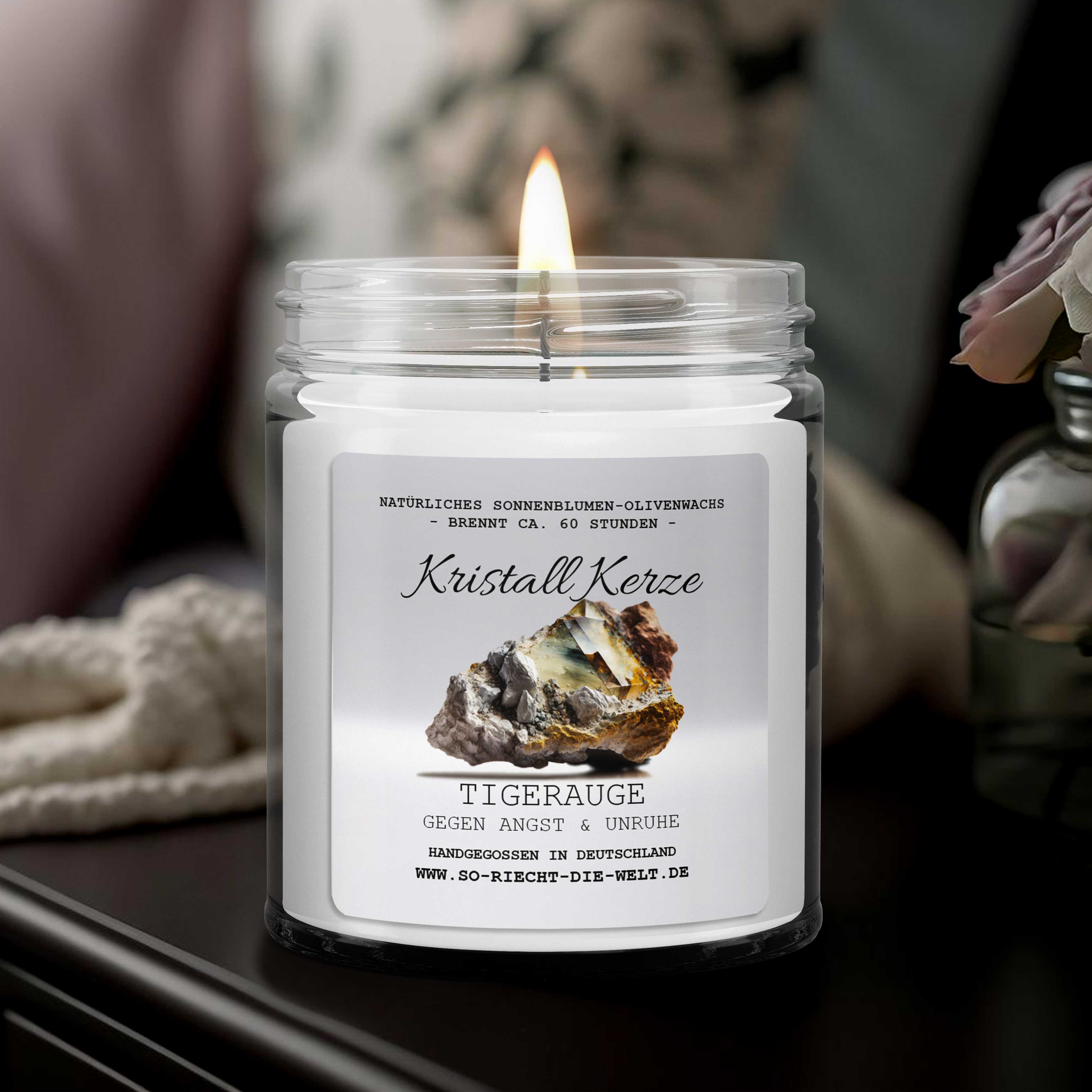 GEGEN ANGST & UNRUHE - Tigerauge Kristall Duftkerze - Amber | Vanille - Heilende Kerze, Edelsteine, Reiki, Kristall, Stein, Heilung, Reinigung, Meditation, Geschenk