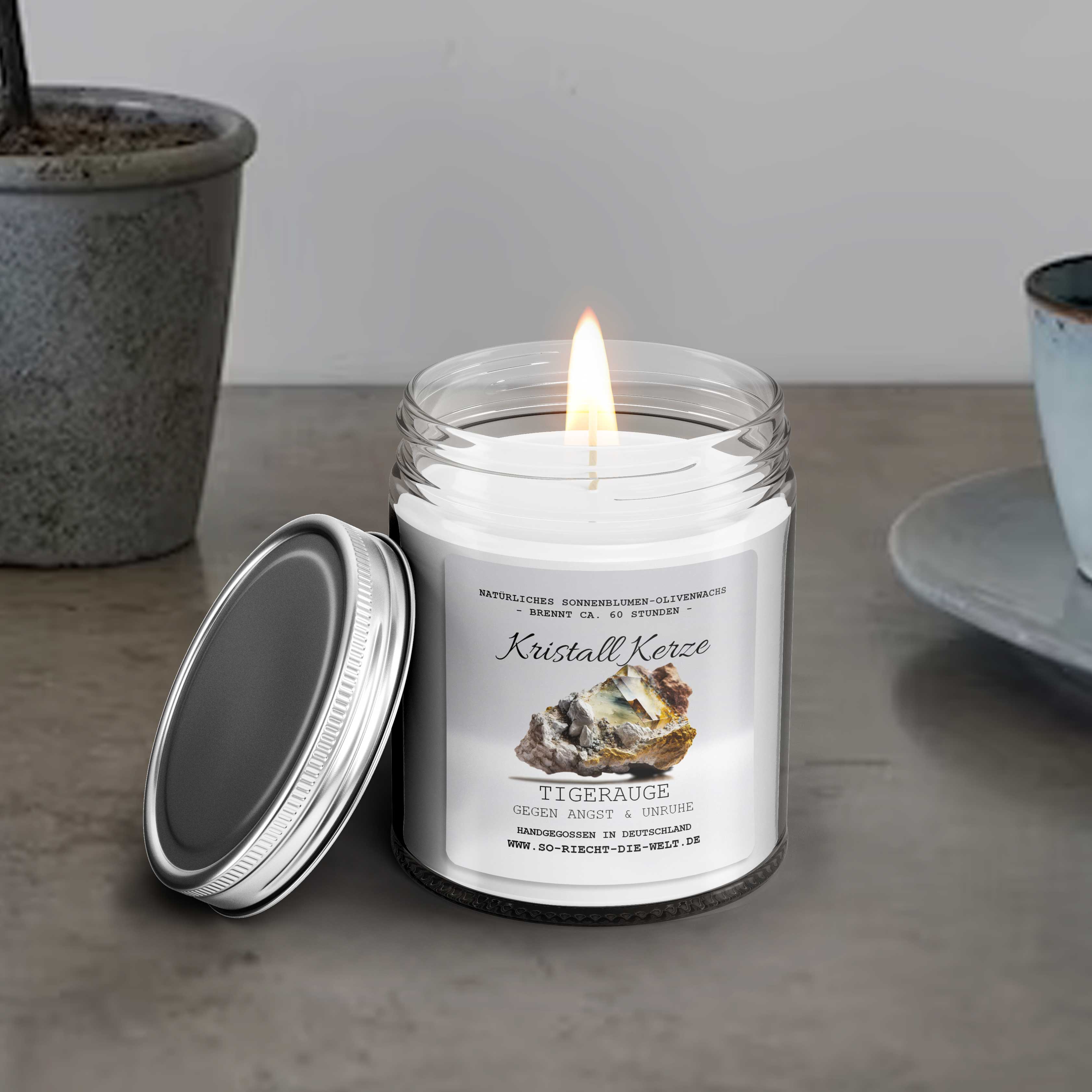GEGEN ANGST & UNRUHE - Tigerauge Kristall Duftkerze - Amber | Vanille - Heilende Kerze, Edelsteine, Reiki, Kristall, Stein, Heilung, Reinigung, Meditation, Geschenk